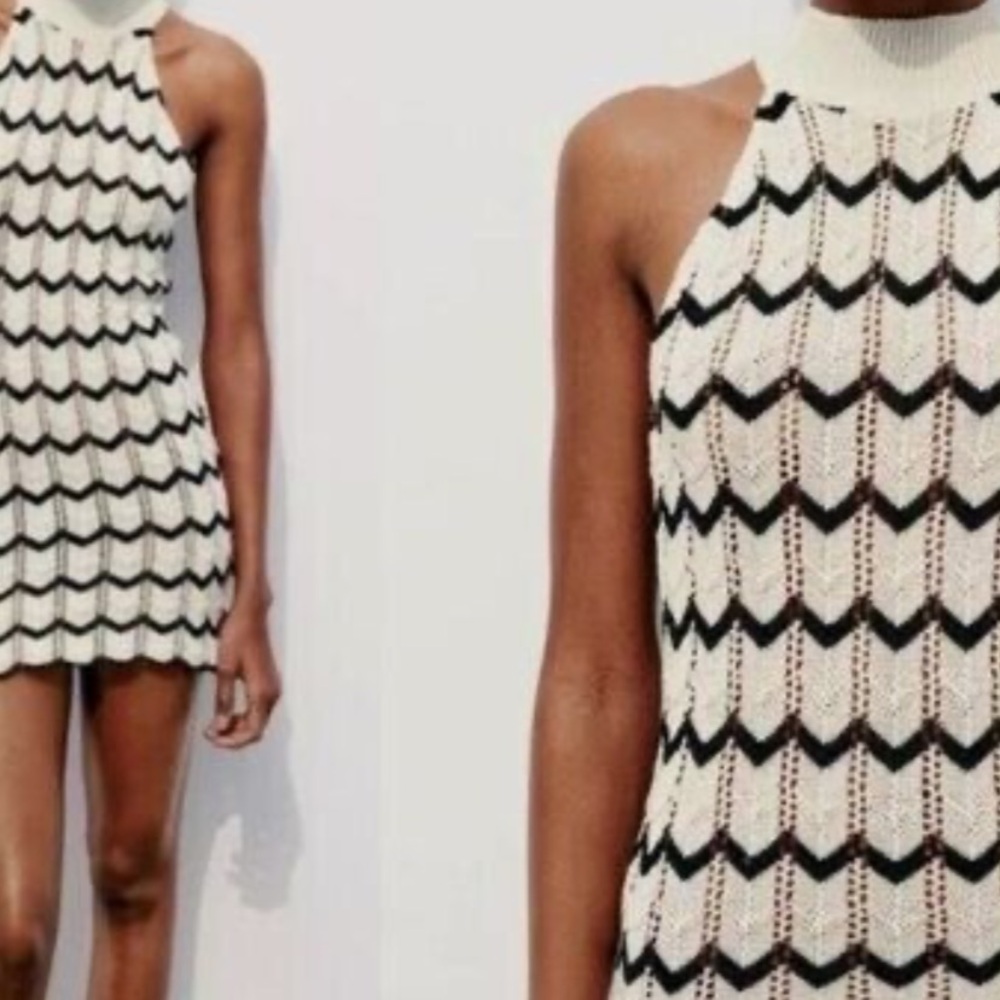 Zara Cream and Black Chevron Halter Knit Mini Dress
